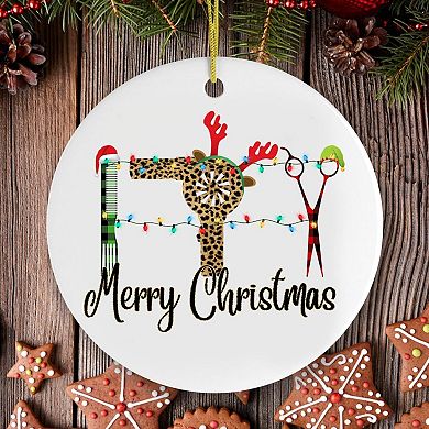 Hairdresser Plaid Merry Christmas Ornament, Circle Version