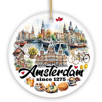 Artistic Amsterdam Landmarks and Heritage Christmas Ornament, Cultural Netherlands Gift, Circle