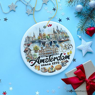 Artistic Amsterdam Landmarks and Heritage Christmas Ornament, Cultural Netherlands Gift, Circle