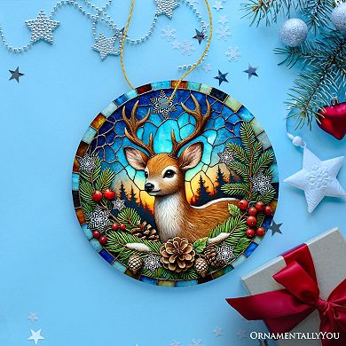 Majestic Winter Deer in Holly Branches Ornament, Enchanting Holiday Wonderland for Christmas Tree V2