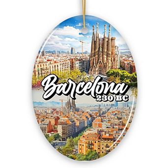 Illustrated Barcelona Landmarks Ornament, Spain Travel Souvenir and Christmas Gift, Circle
