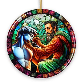 Michelangelo Sculpting David in Stained Glass Themed Christmas Ornament, Renaissance Italy Gift