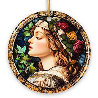 Feminine Beauty in Renaissance Stained Glass Ornament, Artistic Medieval Christmas Gift