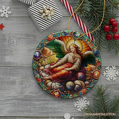 Beautiful Angel Medieval Stained Glass Themed Painting Christmas Ornament, Renaissance Italy Gift