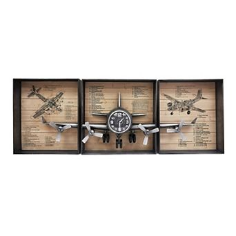 Metallic Vintage Airplane Wall Art With Clock, Set Of 3