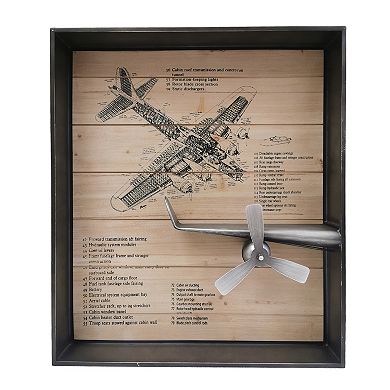 Metallic Vintage Airplane Wall Art With Clock, Set Of 3