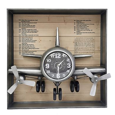 Metallic Vintage Airplane Wall Art With Clock, Set Of 3