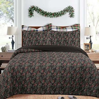 Marcielo 3 pc Festive Christmas Quilt Bedspread Set Holly Berry Tree