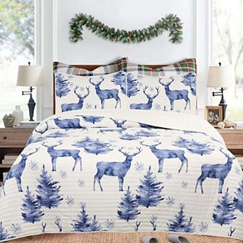 Marcielo 3 pc Festive Christmas Quilt Bedspread Set Deer