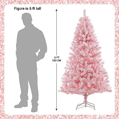 6Ft Pink Pre-lit Christmas Tree, Snow Flocked Artificial Xmas Tree for Party Holiday Decorations