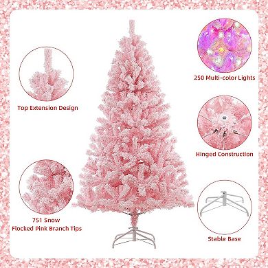 6Ft Pink Pre-lit Christmas Tree, Snow Flocked Artificial Xmas Tree for Party Holiday Decorations