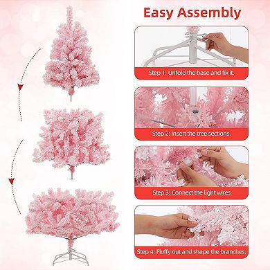 6Ft Pink Pre-lit Christmas Tree, Snow Flocked Artificial Xmas Tree for Party Holiday Decorations
