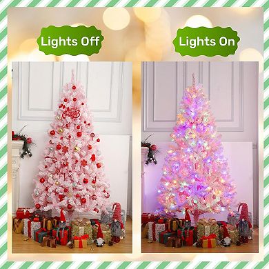 6Ft Pink Pre-lit Christmas Tree, Snow Flocked Artificial Xmas Tree for Party Holiday Decorations