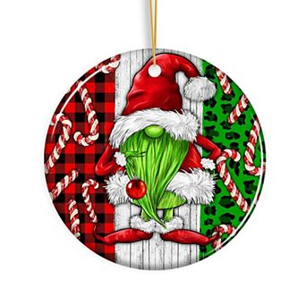 Green Christmas Gnome Festive Holiday Ceramic Ornament, Candy Cane and Plaid