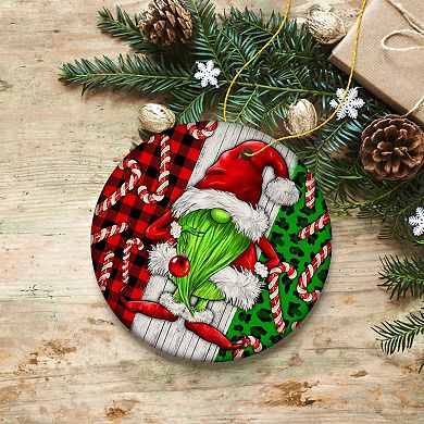 Green Christmas Gnome Festive Holiday Ceramic Ornament, Candy Cane and Plaid