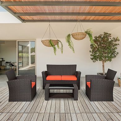 4-piece Chocolate Outdoor/patio Wicker/rattan Conversation Sofa Set With Cushions And Coffee Table