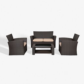 4 pc Chocolate Outdoor/patio Wicker/rattan Conversation Sofa Set With Cushions And Coffee Table