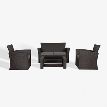 4 pc Chocolate Outdoor/patio Wicker/rattan Conversation Sofa Set With Cushions And Coffee Table