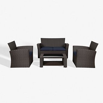 4 pc Chocolate Outdoor/patio Wicker/rattan Conversation Sofa Set With Cushions And Coffee Table
