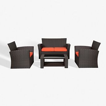 4 pc Chocolate Outdoor/patio Wicker/rattan Conversation Sofa Set With Cushions And Coffee Table