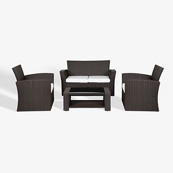 4 pc Chocolate Outdoor/patio Wicker/rattan Conversation Sofa Set With Cushions And Coffee Table