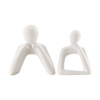 Hans Tanka Cream Abstract Two Piece Thinking Couple Decorative Matte Ceramic Sculpture Figure Set