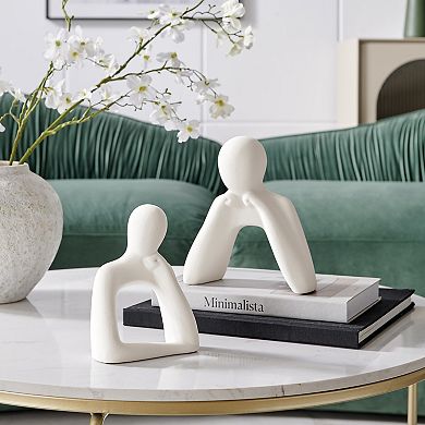 Hans Tanka Cream Abstract Two Piece Thinking Couple Decorative Matte Ceramic Sculpture Figure Set