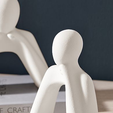 Hans Tanka Cream Abstract Two Piece Thinking Couple Decorative Matte Ceramic Sculpture Figure Set