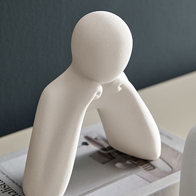 Hans Tanka Cream Abstract Two Piece Thinking Couple Decorative Matte Ceramic Sculpture Figure Set