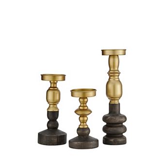 Nara Antique Brass And Vintage Wood Taper Candlestick And Pillar Candle Holders - Set Of 3