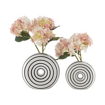 Etta Two Piece Glossy Ceramic Black And White Striped Round Hollow Circle Donut Vase Set