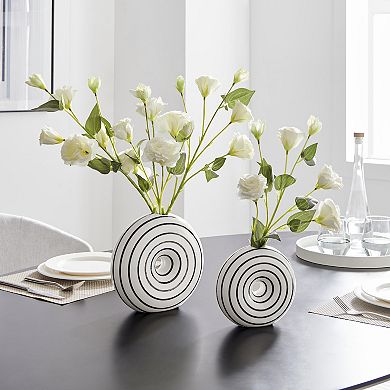Etta Two Piece Glossy Ceramic Black And White Striped Round Hollow Circle Donut Vase Set