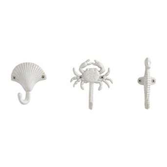 White Cast Iron Nautical Ocean Figure Decorative Wall Hook Set Of 3 - Seashell, Crab, Seahorse