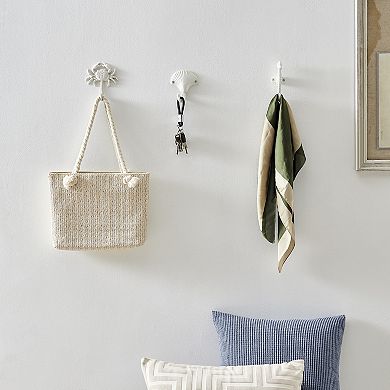 White Cast Iron Nautical Ocean Figure Decorative Wall Hook Set Of 3 - Seashell, Crab, Seahorse