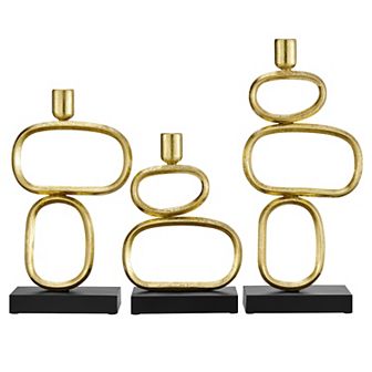Eduardo Midcentury Modern Geometric Sculpted Gold And Black Candlestick Candle Holders - Set Of 3
