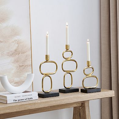 Eduardo Midcentury Modern Geometric Sculpted Gold And Black Candlestick Candle Holders - Set Of 3