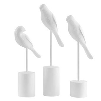 Ren Bird Perched White Ceramic Ornament Decorative Accent Sculpture Figurines - Set Of 2