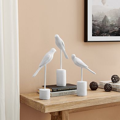 Ren Bird Perched White Ceramic Ornament Decorative Accent Sculpture Figurines - Set Of 2