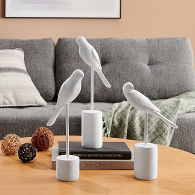 Ren Bird Perched White Ceramic Ornament Decorative Accent Sculpture Figurines - Set Of 2