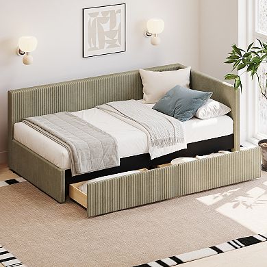 Merax Twin Size L Shape Corner Bed, Corduroy Upholstered Daybed