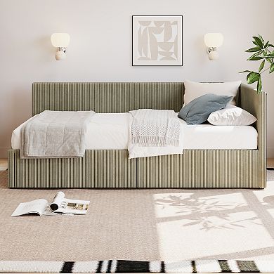 Merax Twin Size L Shape Corner Bed, Corduroy Upholstered Daybed