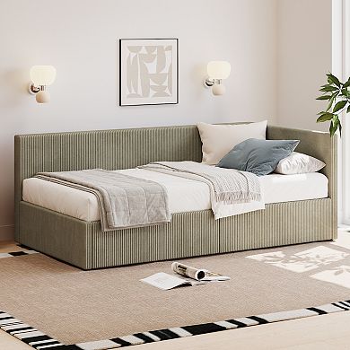 Merax Twin Size L Shape Corner Bed, Corduroy Upholstered Daybed