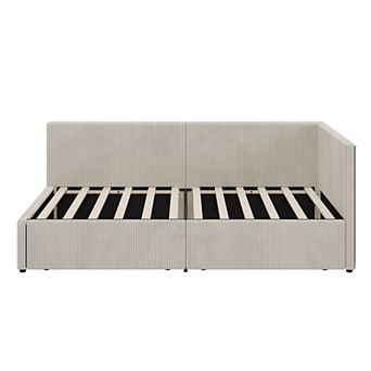 Merax Twin Size L Shape Corner Bed, Corduroy Upholstered Daybed