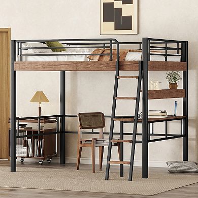 Merax Loft Bed With Built-in Desk, Storage Shelf And Ladder
