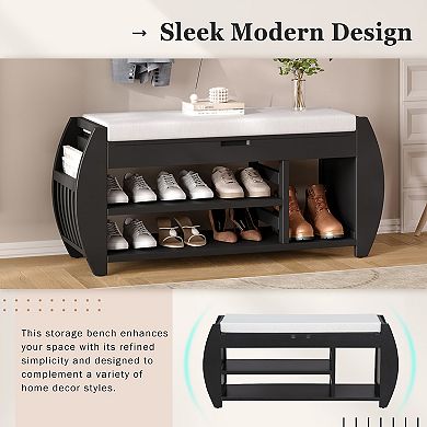 Merax Retro Multifunctional Storage Bench with Cushion and Curved Side Panel