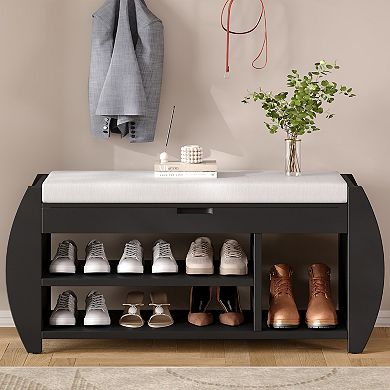 Merax Retro Multifunctional Storage Bench with Cushion and Curved Side Panel