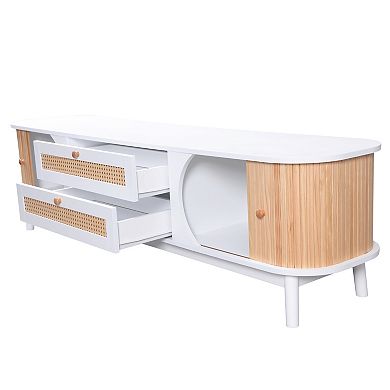 Merax Rattan Tv Stand, Modern Farmhouse Media Console, Entertainment Center With Solid Wood Legs