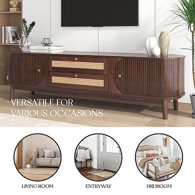 Merax Rattan Tv Stand, Modern Farmhouse Media Console, Entertainment Center With Solid Wood Legs