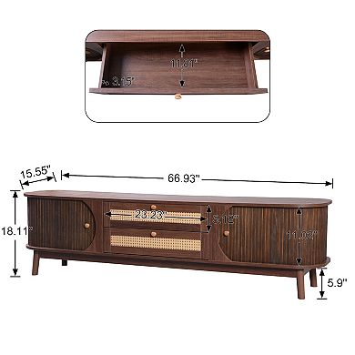 Merax Rattan Tv Stand, Modern Farmhouse Media Console, Entertainment Center With Solid Wood Legs