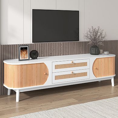 Merax Rattan Tv Stand, Modern Farmhouse Media Console, Entertainment Center With Solid Wood Legs
